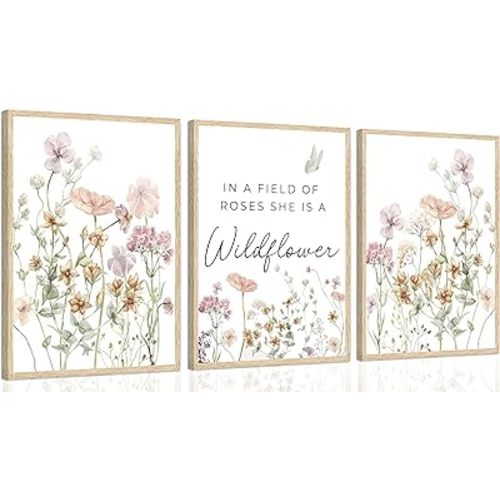 3Pcs Watercolor Flowers Nursery Wall Art Florals Botanical Sentence Picture Wall Decor Pink Wildflowers Poster Print Artwork for Girl Nursery Office Bedroom Livingroom Inspirational Wall Decoration