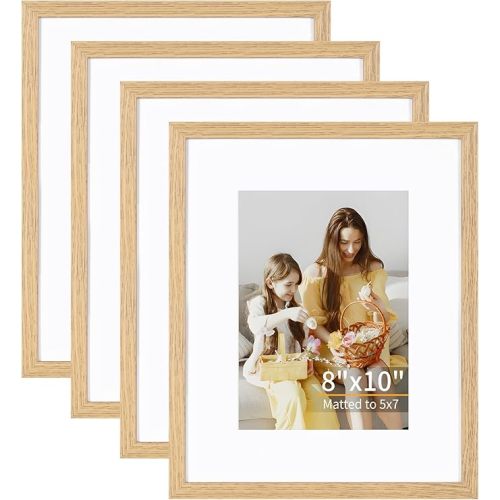 8x10 Picture Frame Set of 4, Displays 5x7 with Mat or 8x10 Without Mat, Photo Frames for Wall Hanging or Tabletop, Includes HD Plexiglass, Light Wood Grain