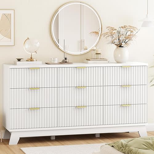 Xixini Fluted Dresser for Bedroom with 9 Drawers, 57" Wide Modern Chest of Drawers with Metal Handle, Wooden Dresser TV Stand, Wood Closet Clothes Storage Organizer for Living Room, Hallway, White