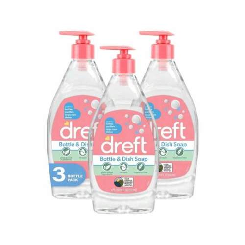 DREFT Bottle And Dish Soap | Made To Clean Baby Bottles, Sippy Cups, Pacifiers, Breast Pumps, & More | Gently Removes Milk Film & Odors | Plant Based, Fragrance Free Dish Soap | 18 Fl Oz (Pack Of 3)
