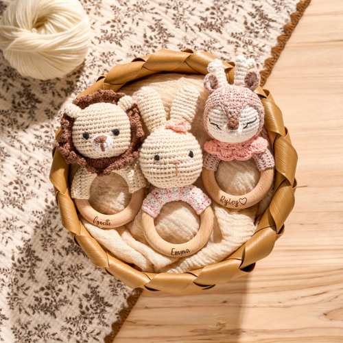 Personalized Crochet Animal Rattle: Engraved Wooden Baby Toy