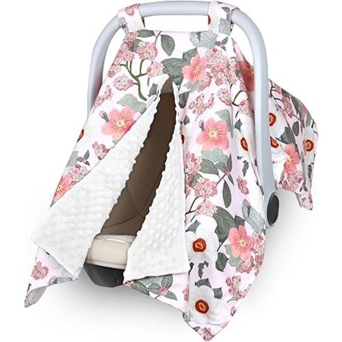 TANOFAR Baby Carseat Canopy, Peekaboo Opening Car Seat Canopy for Babies, Soft and Breathable Infant Carrier Canopy, Multi-use Baby Carrier, Stroller, Nursing Cover, Minky Blanket, Retro Flower