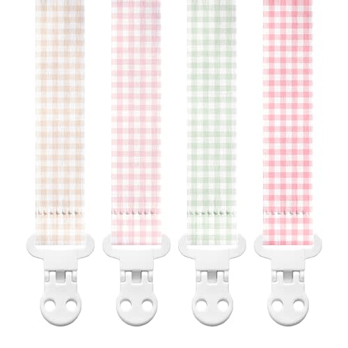 Stadela Baby Fabric Pacifier Clip Holder, Plastic Clip, 4‑Pack, Gingham Pattern, Cottagecore Set