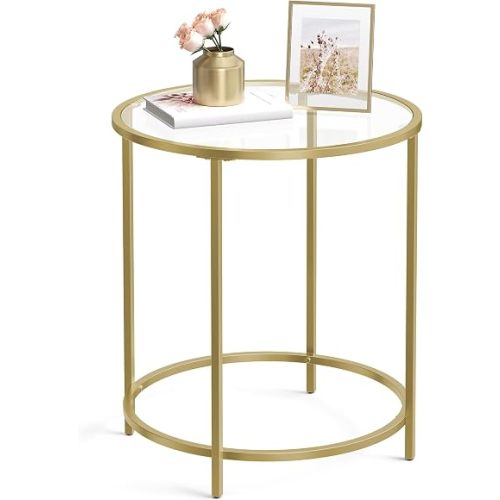 VASAGLE Round Side Table, Glass End Table with Metal Frame