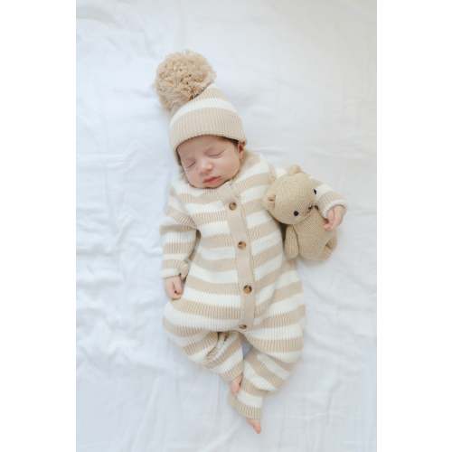 Knit Striped Neutral Jumpsuit/Hat in Tan Stripe