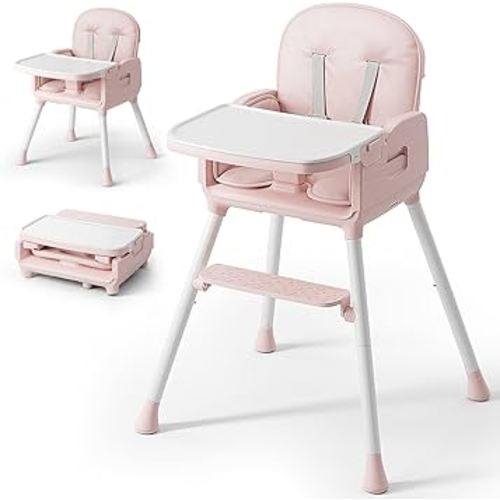 3-in-1 Portable Baby High Chair for Babies and Toddlers, Convertible Easy Clean Infant Foldable Highchair with Adjustable Legs & Dishwasher Safe Tray, Pink