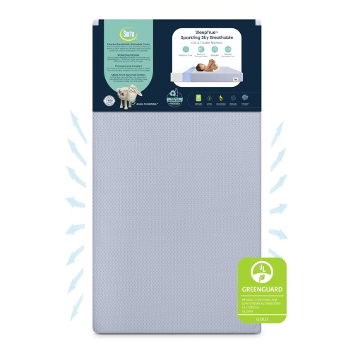 Serta SleepTrue Sparkling Sky Breathable Baby Bed Crib Mattress and Toddler Mattress with Removable/Machine Washable Cover - GREENGUARD Gold – Waterproof - Sustainably Sourced Core Fiber Core, Blue
