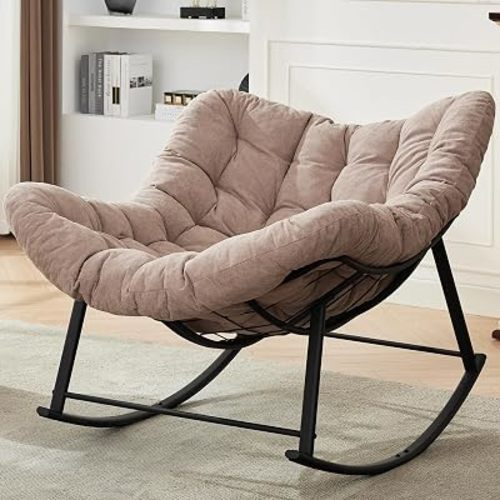 Oversized Rocking Chair Indoor, Papasan Rocking Chair Outdoor, Lounge Chair with Cushion, Patio Egg Rocker Chairs, Comfy Reading Chairs for Living Room, Bedroom, Garden, Lawn, Khaki