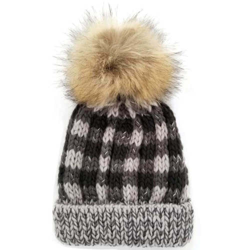 Buffalo Check Fur Pom Hat, Grey