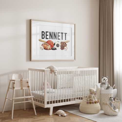 Personalized Watercolor Sports Nursery Print | Custom Baby Name Art