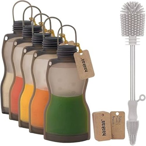haakaa Reusable Silicone Breastmilk Storage Bag(9oz,5pk) Bottle Cleaning Brush Set| Breastmilk Freezer Bag|Breastfeeding Milk Pouch|Breast Pump Bag|Self Standing Storing Pouch- BPA Free- No Leak