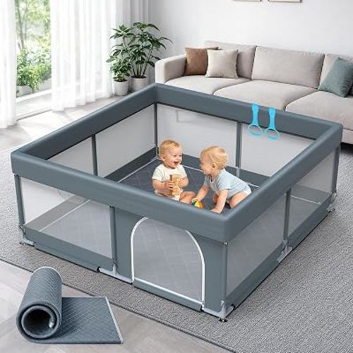47x47 Baby Playpen with Mat - Grey Play Yard for Babies and Toddlers - Indoor & Outdoor Soft Mesh Safety Fence with Pull Up Rings & External Zipper Door