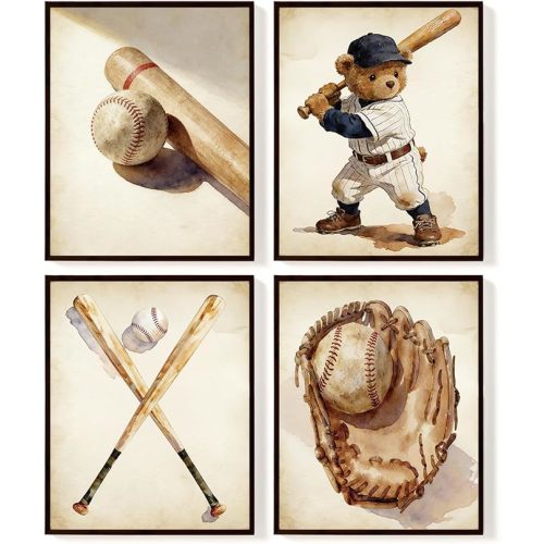 SkyCozy Vintage Baseball Nursery Wall Art Poster for Boys Room, Vintage Sports Wall Decor Baby Kids Prints Baseball Field Pictures Painting Neutral Artwork for Bedroom, 8x10Inch Set of 4(UNFRAMED)