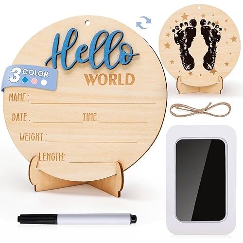Baby Hello World Announcement Sign: Wooden Blue Baby Newborn Signs for Hospital with Footprint - Birth Round Board for Welcome New Boy Nursery Gifts