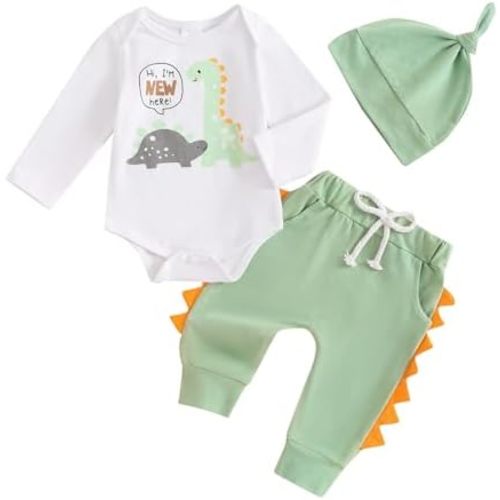 Baby Boy Girl Dinosaur Clothes Hi Im New Here Newborn Outfit Long Sleeve Romper Top Pants Set Coming Home Outfits