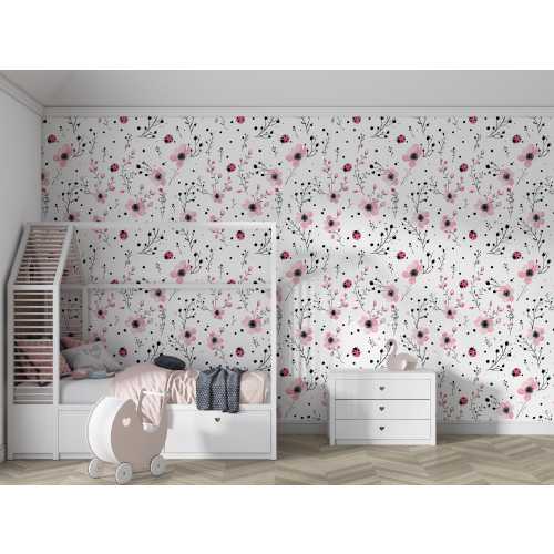 Pink Floral Ladybug Wallpaper, Removable Kids Room Wall Decor, Watercolor Flower Mural, Nursery Peel And Stick Wallpaper, Baby Girl Gift
