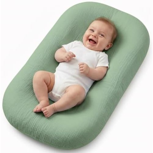 Infant Support Mat, Muslin Cotton Cover, Supportive Tummy Time Mat for Supervised Awake Use, Lightweight Nursery Essential (0-24 Months), Green