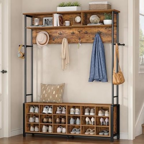 Hzuaneri Hall Tree with Shoe Storage Bench, Entryway Bench with Coat Rack