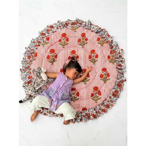Block Print Quilted Play Mat, Ruffled Cotton Floor Mat for Kids, Pets