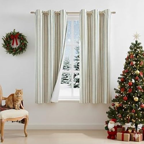 Short Dusty Blue Stripe Blackout Curtains 63 Inch,Woven Vertical Stripes on Beige Linen Blended Drapes,Modern Energy Efficient Window Treatment for Bedroom Living Room,Grommet,40" Wx63 Lx2