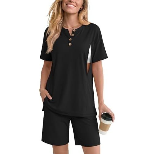2 Piece Maternity Nursing Pajama Set Postpartum Sleepwear Breastfeeding Short Sleeve and Shorts with Hidden Zipper