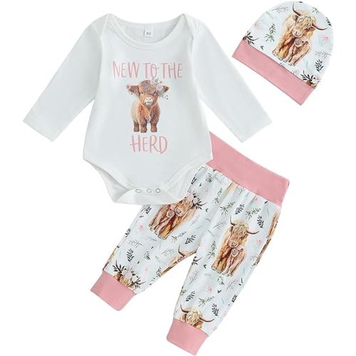 Newborn Baby Boy Girl Clothes Highland Cow Print Romper Bodysuit + Pants with Hat 3Pcs Western Coming Home Outfits