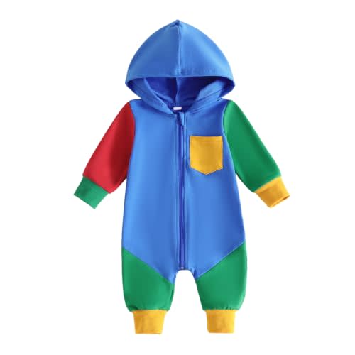 Baby Boy Hooded Romper Color Block Zip Up Jumpsuit Infant Toddler Clothes | Infant Fall Winter Outfit Long Sleeve Zipper Cotton Sweatshirts with Hood Pocket for Newborn 0-3M 3-6M 6-12M 12-18M