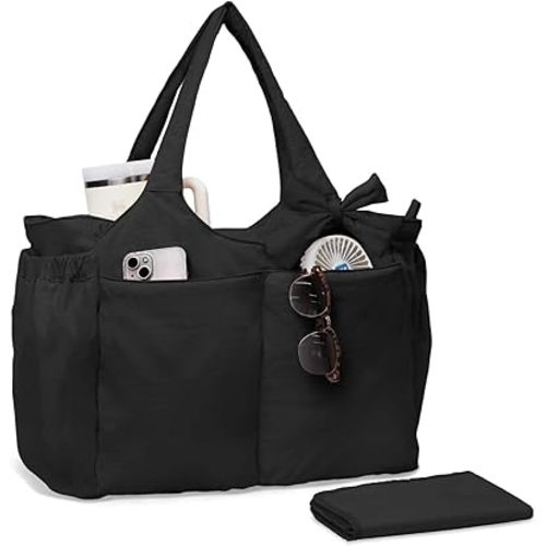 MOMINSIDE Diaper Bag Tote Bag Puffer Purse for Women, Large lightweight Baby Bag for Travel,Work Bags fits 40oz Tumbler for Business,Nurse,Office with 13 pockets，changing pad,Black