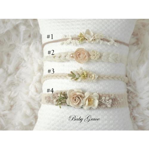 Dainty Beige Cream Newborn Tieback Headband Set for Girls - Neutral Photography Props & Photo Shoot Accessories