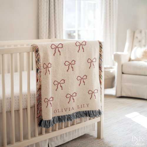 Personalized Coquette Bows Woven Blanket | Custom Coquette Nursery Baby Blanket | Customizable Monogram and Name Cotton Blanket