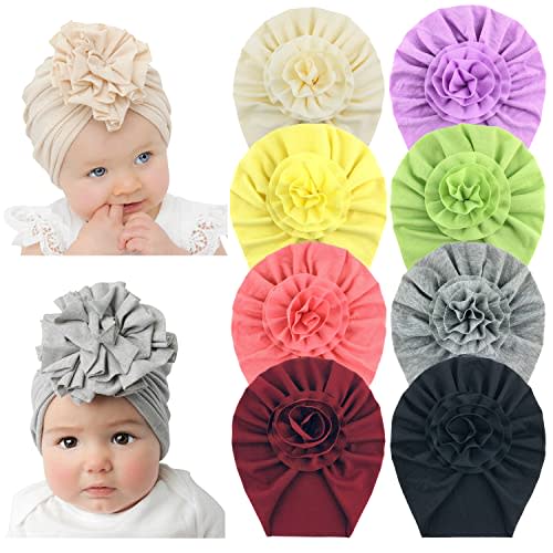 inSowni 8 Pack Solid Nursery Hospital Turban Hat Cap Beanie Bonnet with Big Flower for Baby Girls Toddlers Newborns Infants