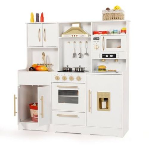 Kinder King Wooden Kids Play Kitchen, Toy Kitchen Playset for Toddlers, Realistic Kitchen Set with Sounds, Gift for Boys and Girls Age 3+, White