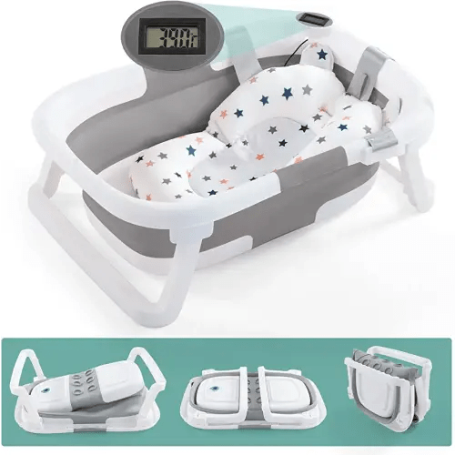 Baby BathTub, 4-in-1 Newborn to Toddler Tub with Temperature Sensor,Infant Waterproof Ear Cap and Soft Cushion included,Grey