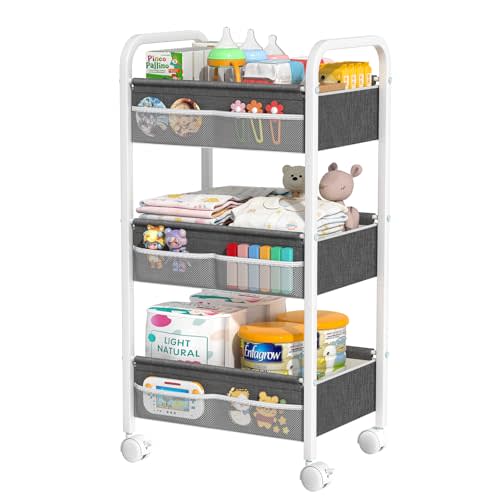 Baby Diaper Caddy Rolling Utility Cart, 3 Tier Baby Essentials Nursery Organizer and Storage with Dividers and Drawers for Crib, Bedroom, Art & Craft Organizer (White)