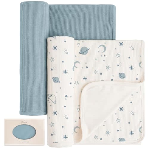 Konssy Knit Baby Blanket 2 Pack, Soft Ribbed Swaddle Receiving Blankets for Boys & Girls, Lightweight Cozy Swaddling Wrap for Newborns, Infants, & Toddlers, 33x42 Inch (Star,Blue)