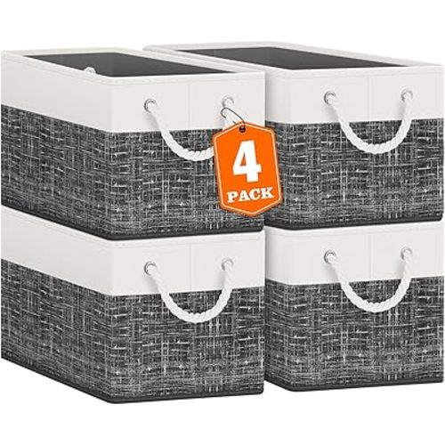 Fab totes Storage Bins [4-Pack], Foldable Storage Baskets for Organizing Toys, Books, Shelves, Closet, Large Storage Box with Rope Handles, Sturdy Organizer Bins, White & Black