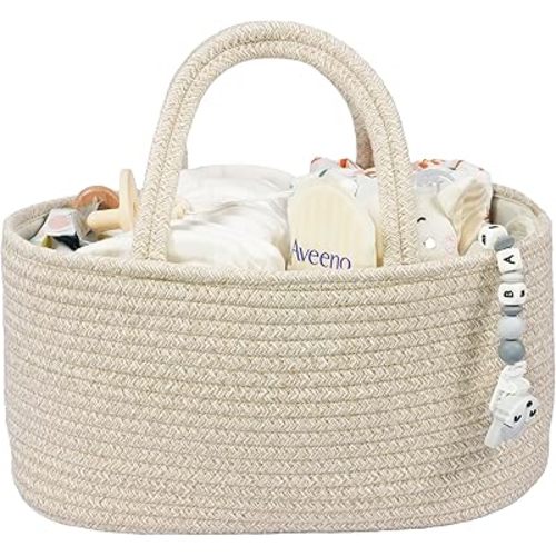 Baby Diaper Caddy Organizer for Girl Boy Cotton Rope Nursery Storage Bin Basket Portable Holder Tote Bag for Changing Table Car Travel Baby Shower Gifts Newborn Registry Must Have Items oatmeal
