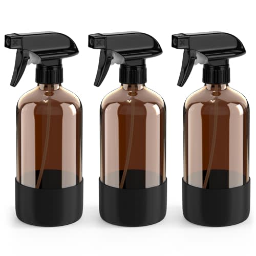 Bontip Amber Glass Spray Bottle, 16 oz with Black Silicone Sleeve, 3 Pack | Refillable amber glass bottle, With protective silicone sleeve, BPA-free, UV shielding, Great for cleaning solutions,plants