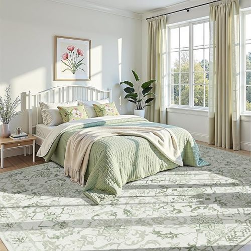 Sage Area Rugs 6x8 for Living Room, Washable Vintage Rugs for Bedroom, Distressed Throw Rug, Non Slip Floral Carpet Green Area Rug for Bedroom Dining Nursery