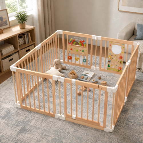 Jolie Vallee Wooden Playpen for Baby & Toddlers, Baby Fence Play Area with Activity Panels, Foldable Indoor Baby Gate Playpen for Safe Play Space