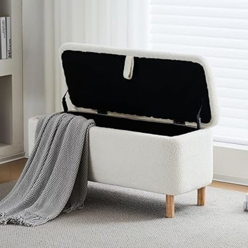 Storage Bench Bedroom Bench Sherpa Ottoman Storage Entryway for Living Room Rectangular Boucle Foot Rest Stool Padded Seat (39.5", Off-White)