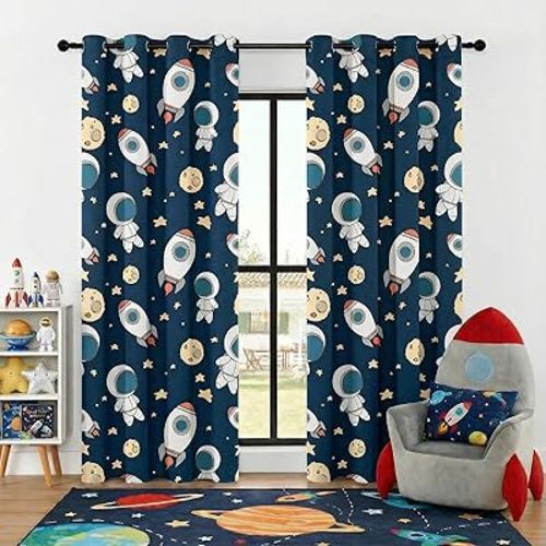 Kids Space Astronaut Planets Rockets Blackout Curtains - 100% Blackout, Thermal Insulated, Noise Reducing, for Kids Room and Nursery, 2 Panels (Astro Buddy Rockets, W52×L84)