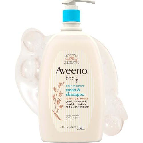 Aveeno Baby Daily Moisture Body Wash & Shampoo with Oat Extract, 33 fl. oz | 2-in-1 Gentle Bath Wash & Hair Shampoo with Oat Extract, Tear-Free, Hypoallergenic, No Added Parabens, Lightly Scented
