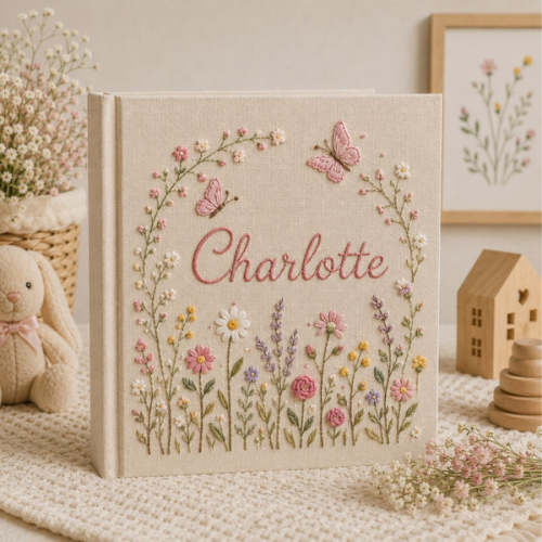 Personalized Baby Photo Album, Hand Embroidered Dinosaur Memory Book, Custom Name Keepsake, Woodland Nursery Gift, Newborn, Baby Shower Gift - Jennings Print House LLC