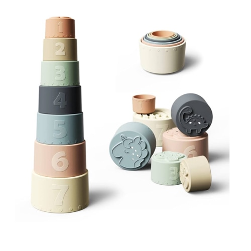 Moonkie Stacking Cups Toy, Fun Educational Baby Toys Silicone Soft Teething Toy, Age 6+ Months, 7 Piece Set