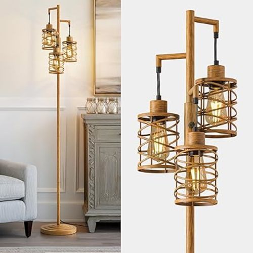 BOBOMOMO 70" Farmhouse Dimmable Floor Lamp, Light Wood Grain Industrial Metal Cage Standing Lamp with 3 LED Bulbs, Stepless Dimming Tall Tree Lamp for Living Room, Bedroom, Studio, Corner