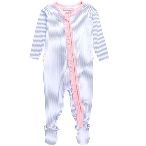 RuffleButts SoftSnooze Baby Girls Ruffle One Piece Footie Pajama - Periwinkle & White Micro Stripe, 0-3m