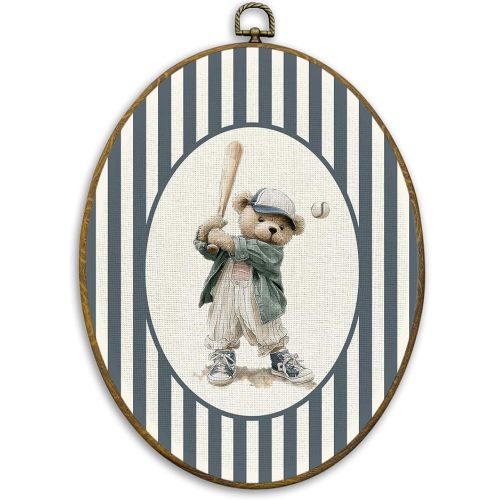 CUANFDDSF Vintage Baseball Bear Nursery Oval Wall Art Decor, Sports Wall Hanging Decor, Blue Striped Basketball Player Bear Framed Canvas Prints for Kids Boy Nursery Room Playroom, 8.6x11.4 Inch