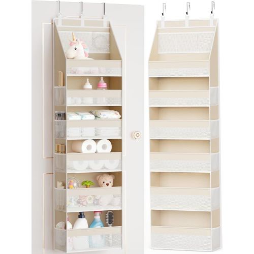 Criusia Over the Door Organizer, 6-Shelf Closet Hanging Storage with 13 Mesh Pockets, 55lbs Capacity Behind the Door Storage for Baby Nursery, Bathroom, Bedroom, and Dorm, Beige