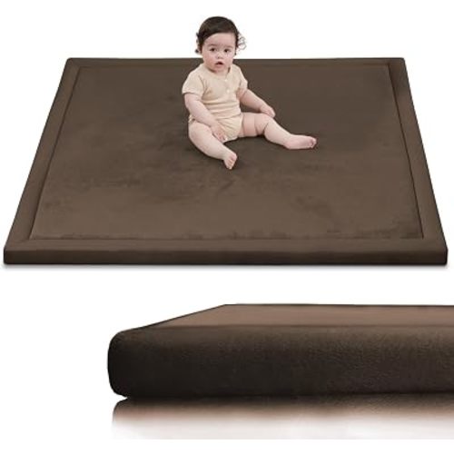 Baby Play Mat for Floor,1.3" Thick Memory Foam Tummy Time Mat,Soft Coral Velvet Nursery Rug,Extra Large Non Slip Crawling Mats for Living Room(Dark Brown)